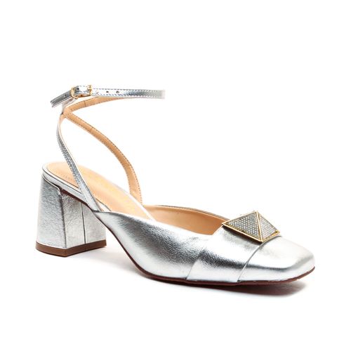 Slingback Couro Prata Salto Bloco Alto Cecconello 2442026-2