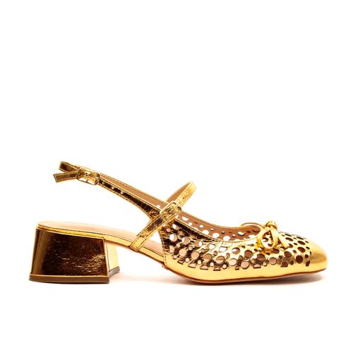 Slingback Couro Ouro Salto Bloco Baixo Cecconello 2488001-5