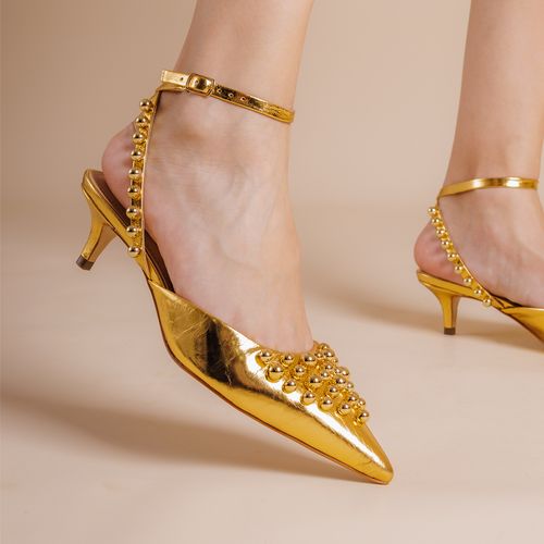 Slingback Couro Ouro Salto Baixo Cecconello 2473007-1
