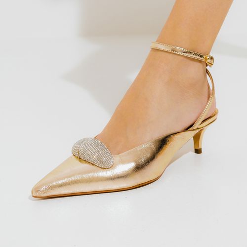 Slingback Couro Ouro Salto Bloco Médio Cecconello 2473017-1