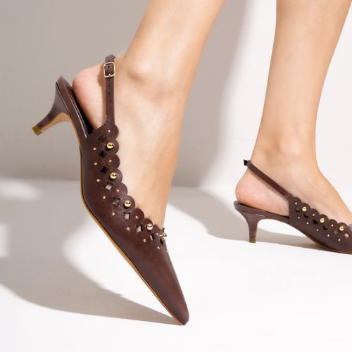 Slingback Couro Marrom Salto Baixo Cecconello 2716001-2